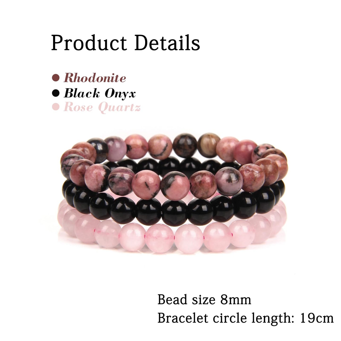 Chakra Bracelets 3PCS - Rose Quartz, Rhodonite, Black Onyx